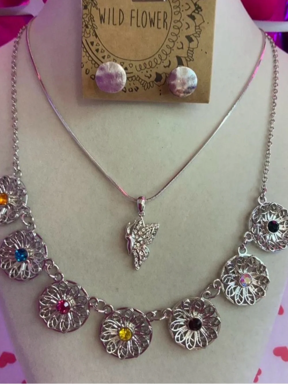 Wildflowers Silver Necklace Set with Multi-Colored Crystal Disks (Z-12)